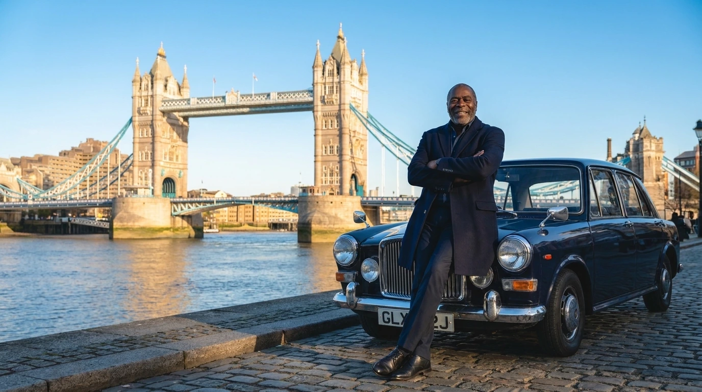 Hugh Archer leaning on his classic car on the Thames riverside by Tower Bridge, London