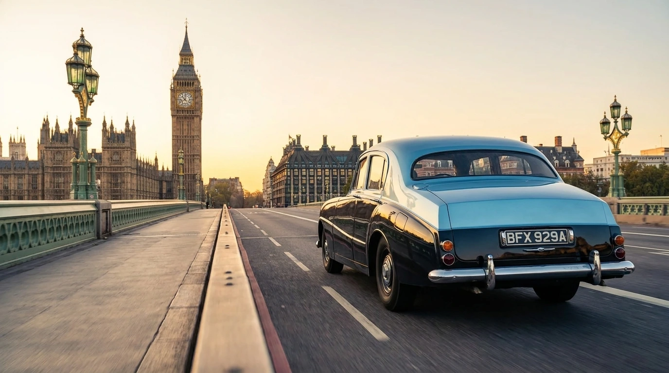 Classic car driving across Westminster Bridge towards Big Ben at golden hour
